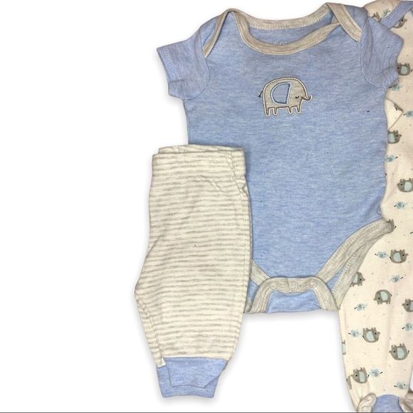 Baby Essentials 3-Piece Matching Set Blue Elephant Onesie & Pants, footies 3M - Picture 3 of 5